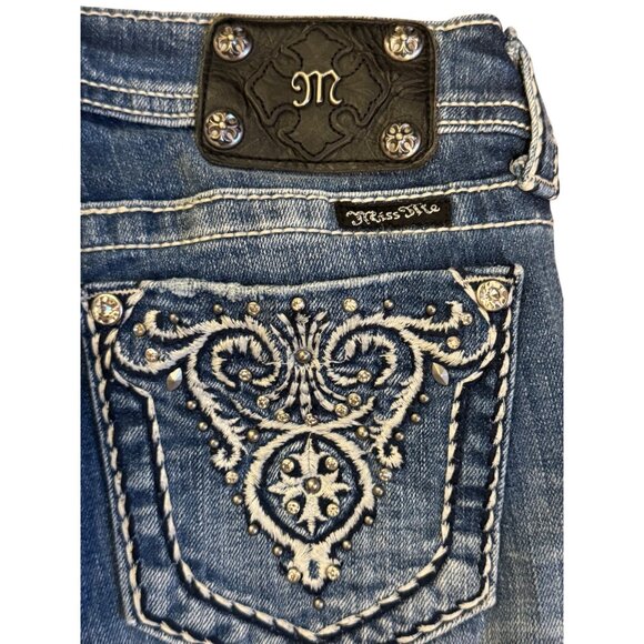 Miss Me Bootcut Jeans Womens Size 27 Distressed Embellished Rhinestone Denim Blu - Picture 3 of 7